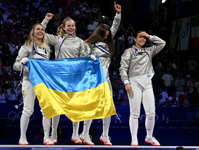 .Paris Games of the XXXIII Olympiad – Fencing Women’s sabre In photo: KRAVATSKA Olena, KOMASHCHUK Alina, KHARLAN Olga, BAKATOVA Photo Augusto Bizzi
