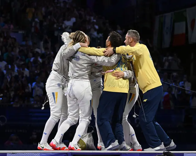 .Paris Games of the XXXIII Olympiad – Fencing Women’s sabre In photo: KRAVATSKA Olena, KOMASHCHUK Alina, KHARLAN Olga, BAKATOVA Photo Augusto Bizzi